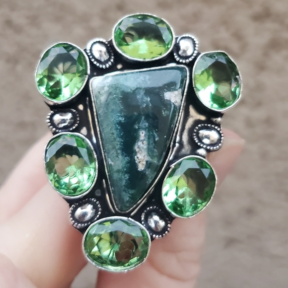 New Oversized Indian Moss Agate & Tsavorite 925 Silver Statement Ring. - Picture 2 of 16